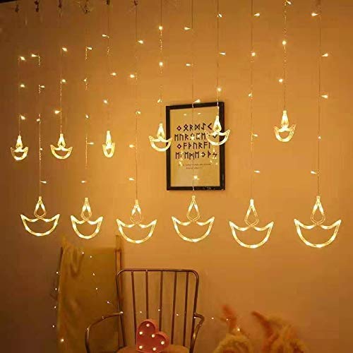 Desidiya Warm White Diya/Diwali Light Curtain, Led String Copper Lights with Pack of 12 Hanging Diyas, 8 Flashing Modes, Decoration, Prong Base, 2.5 Meters