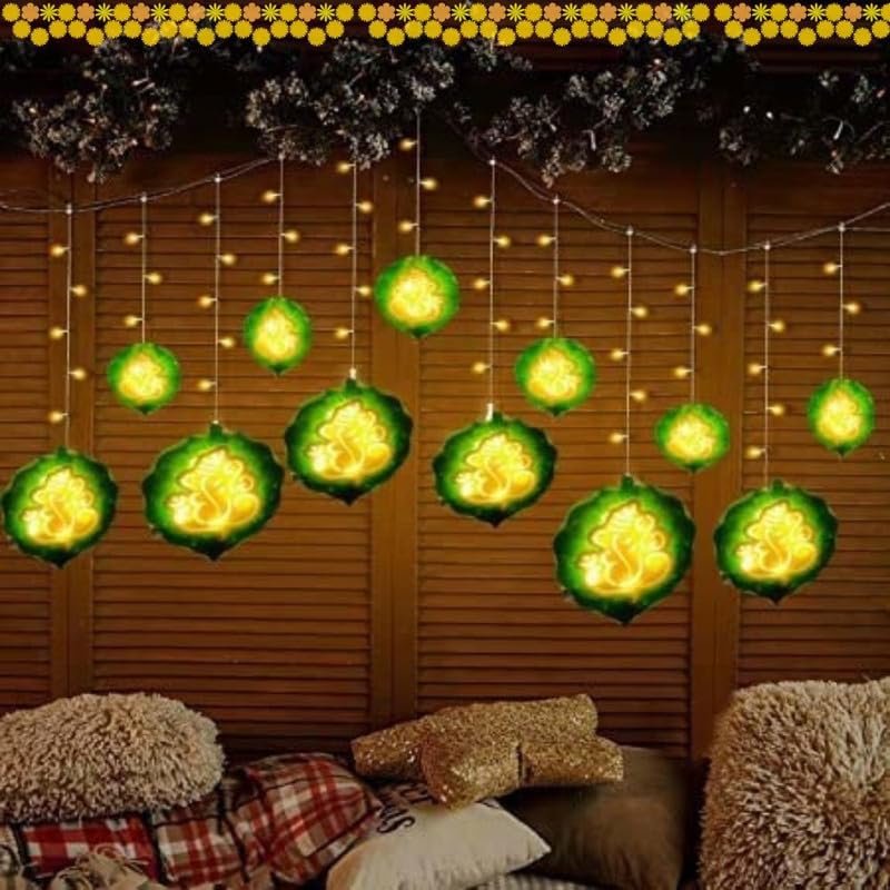 Desidiya Warm White Diya/Diwali Light Curtain, Led String Copper Lights with Pack of 12 Hanging Diyas, 8 Flashing Modes, Decoration, Prong Base, 2.5 Meters