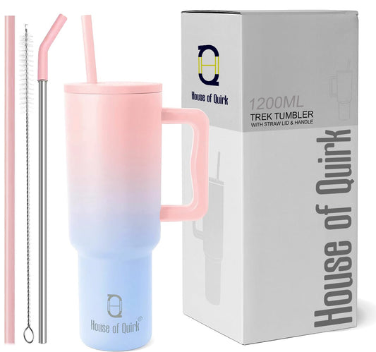 House of Quirk 1200ML Stainless Steel Tumbler Hot and Cold with Handle and Lid 2 Straw, Double Insulated Cup 100% Leak Proof Mug Cupholder for Gym, Travelling (Cotton Candy Haze)