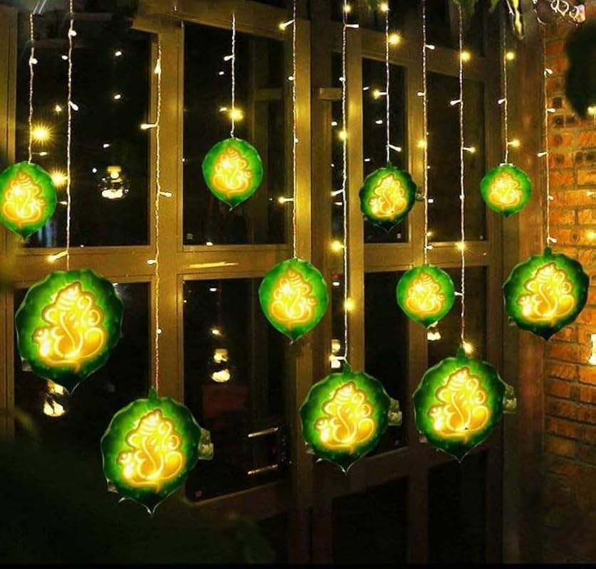 Desidiya Warm White Diya/Diwali Light Curtain, Led String Copper Lights with Pack of 12 Hanging Diyas, 8 Flashing Modes, Decoration, Prong Base, 2.5 Meters