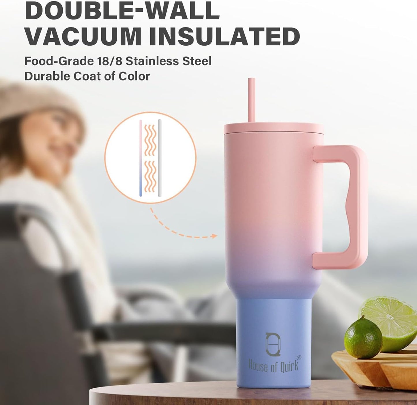 House of Quirk 1200ML Stainless Steel Tumbler Hot and Cold with Handle and Lid 2 Straw, Double Insulated Cup 100% Leak Proof Mug Cupholder for Gym, Travelling (Cotton Candy Haze)