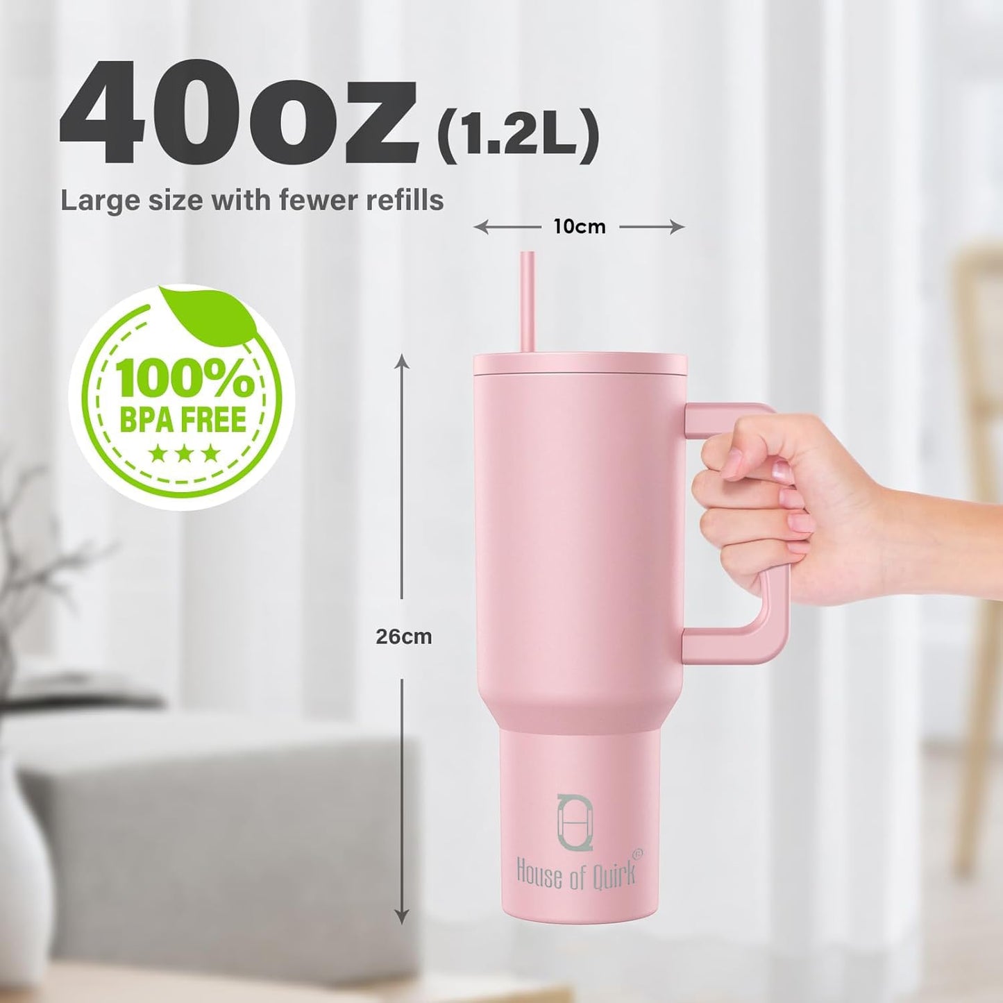 House of Quirk 1200ML Stainless Steel Tumbler Hot and Cold with Handle and Lid 2 Straw, Double Insulated Cup 100% Leak Proof Mug Cupholder for Gym, Travelling (Cotton Candy Haze)