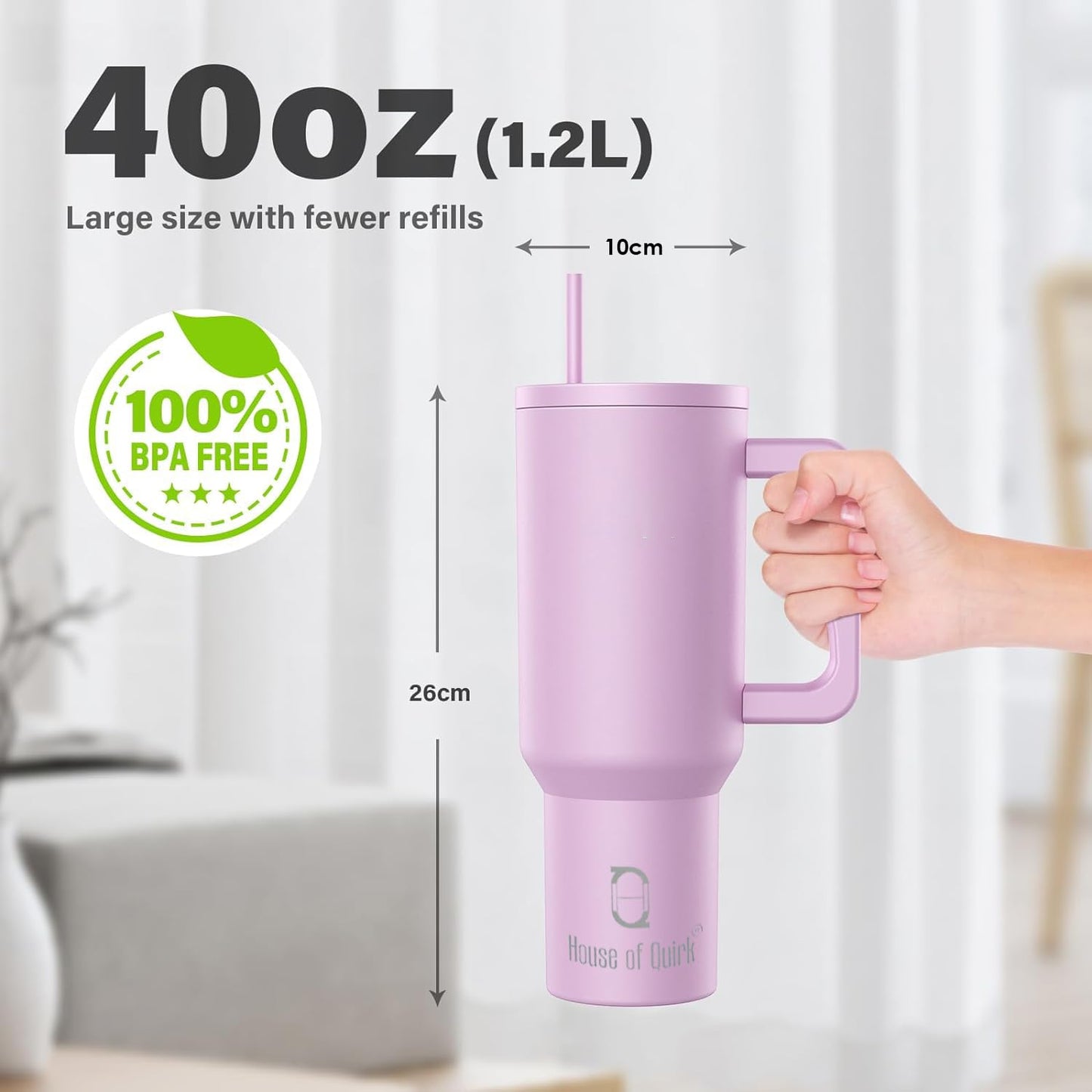 House of Quirk 1200ML Stainless Steel Tumbler Hot and Cold with Handle and Lid 2 Straw, Double Insulated Cup 100% Leak Proof Mug Cupholder for Gym, Travelling (Cotton Candy Haze)