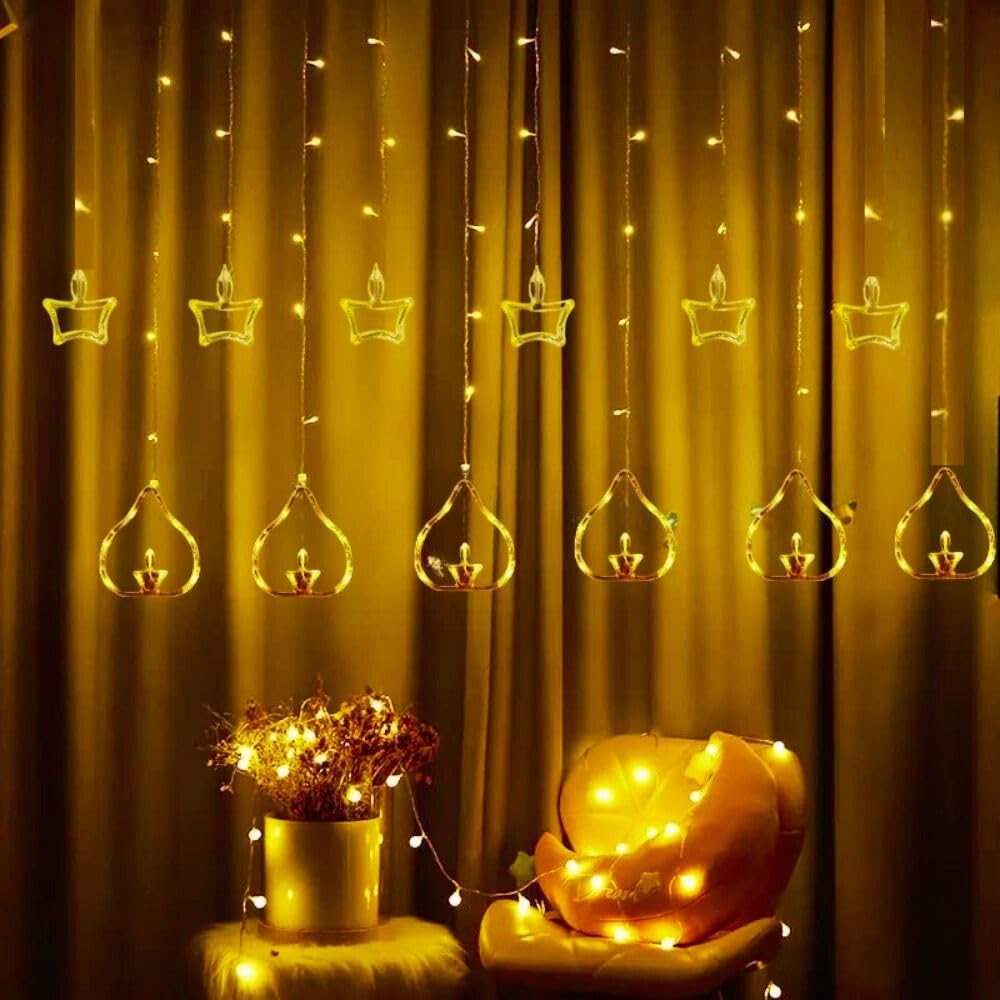 Desidiya Warm White Diya/Diwali Light Curtain, Led String Copper Lights with Pack of 12 Hanging Diyas, 8 Flashing Modes, Decoration, Prong Base, 2.5 Meters