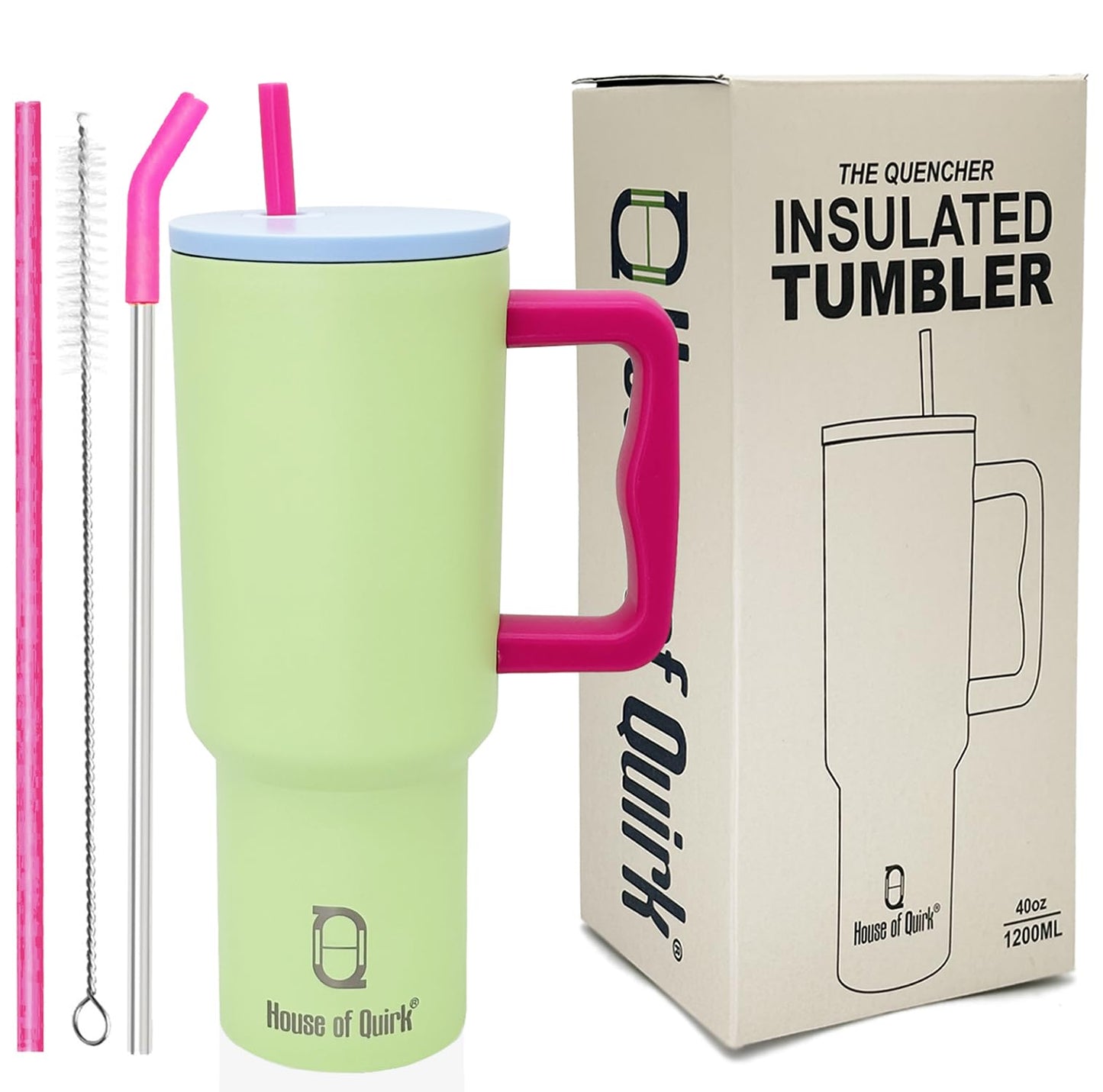 House of Quirk 1200ML Stainless Steel Tumbler Hot and Cold with Handle and Lid 2 Straw, Double Insulated Cup 100% Leak Proof Mug Cupholder for Gym, Travelling (Cotton Candy Haze)