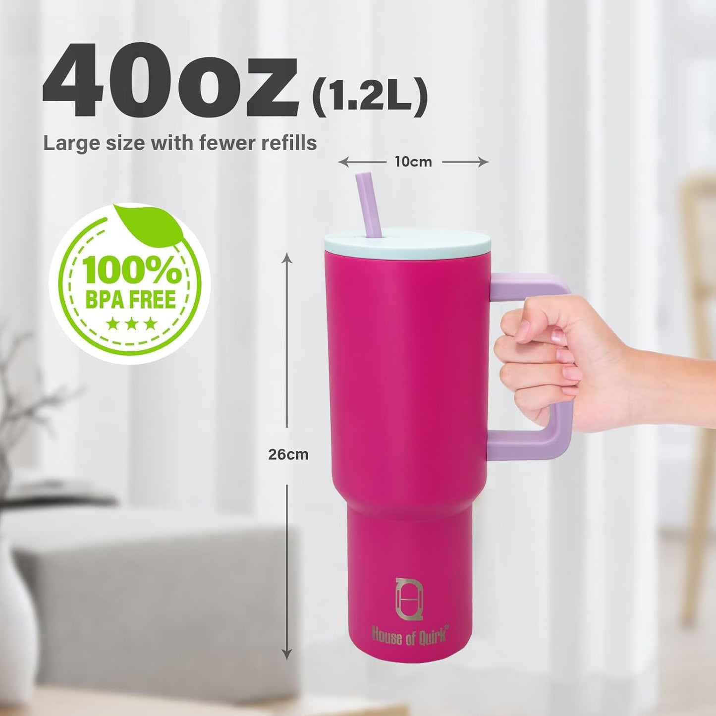 House of Quirk 1200ML Stainless Steel Tumbler Hot and Cold with Handle and Lid 2 Straw, Double Insulated Cup 100% Leak Proof Mug Cupholder for Gym, Travelling (Cotton Candy Haze)