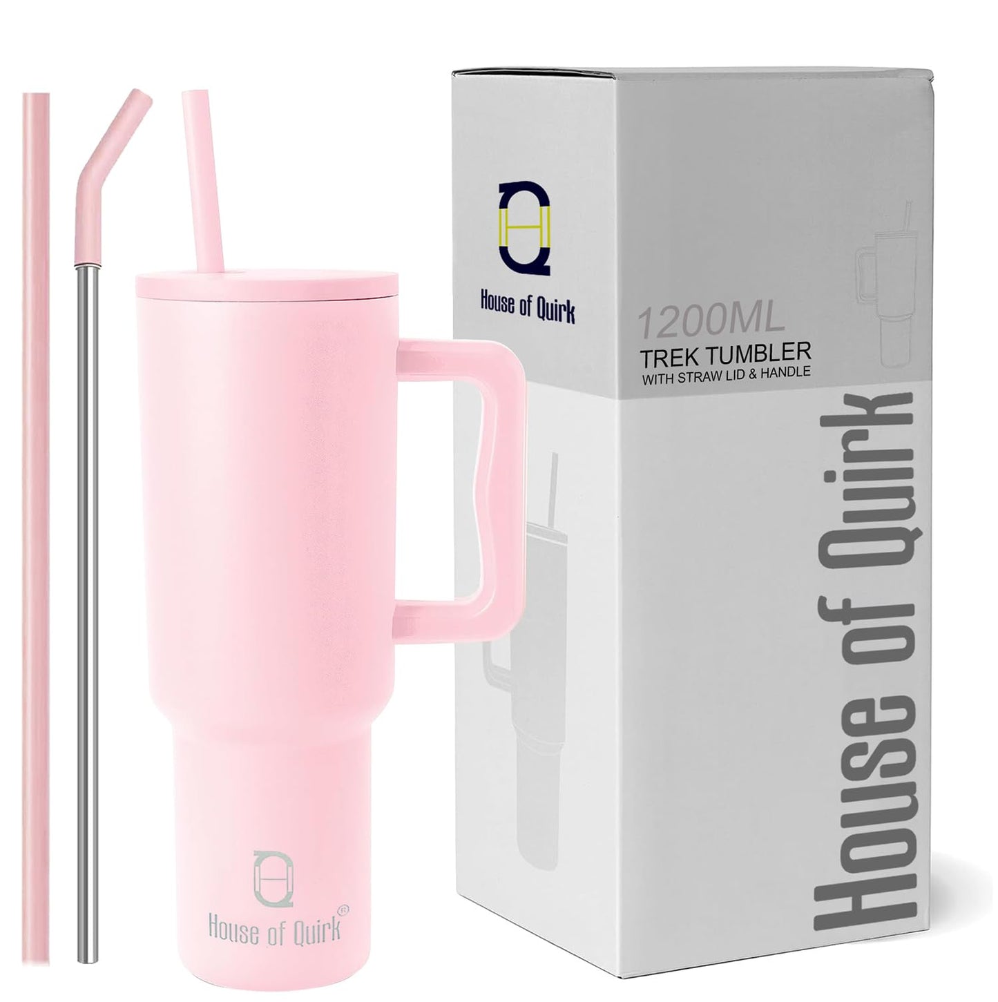 House of Quirk 1200ML Stainless Steel Tumbler Hot and Cold with Handle and Lid 2 Straw, Double Insulated Cup 100% Leak Proof Mug Cupholder for Gym, Travelling (Cotton Candy Haze)