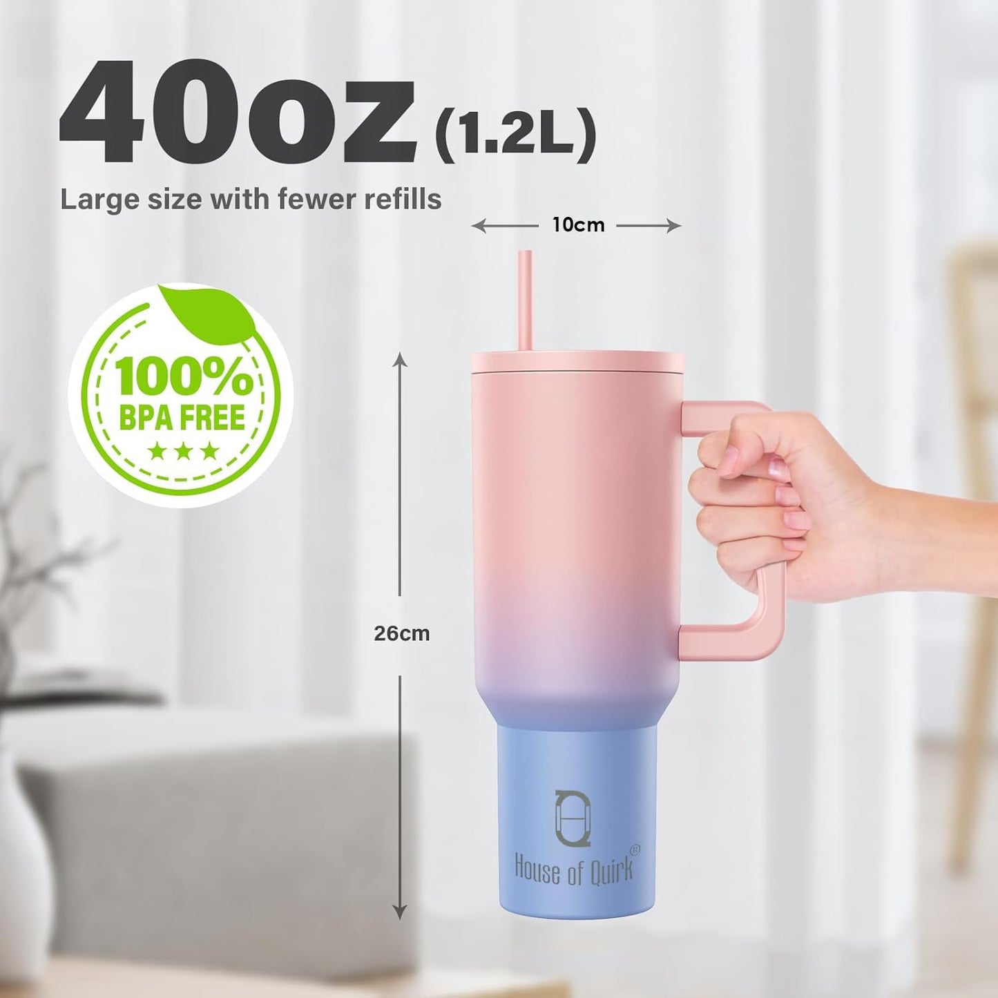 House of Quirk 1200ML Stainless Steel Tumbler Hot and Cold with Handle and Lid 2 Straw, Double Insulated Cup 100% Leak Proof Mug Cupholder for Gym, Travelling (Cotton Candy Haze)