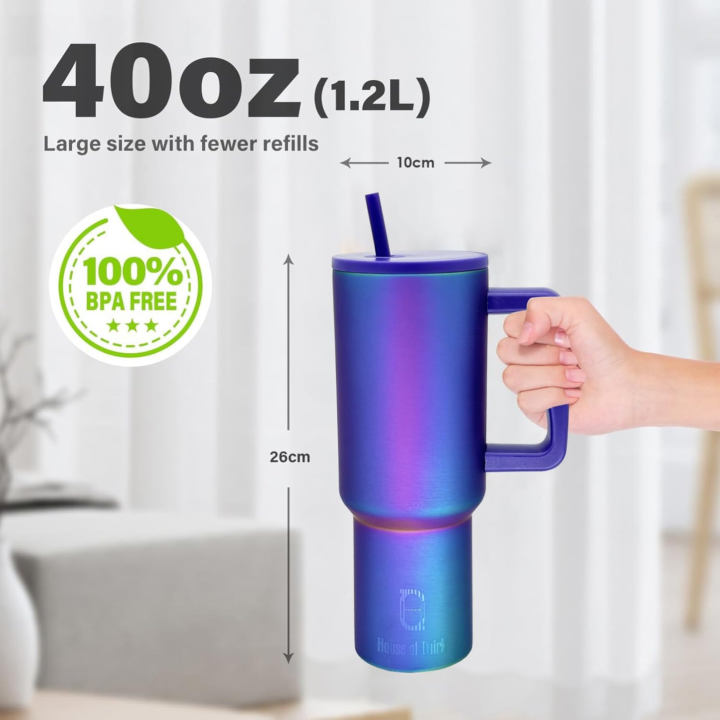 House of Quirk 1200ML Stainless Steel Tumbler Hot and Cold with Handle and Lid 2 Straw, Double Insulated Cup 100% Leak Proof Mug Cupholder for Gym, Travelling (Cotton Candy Haze)