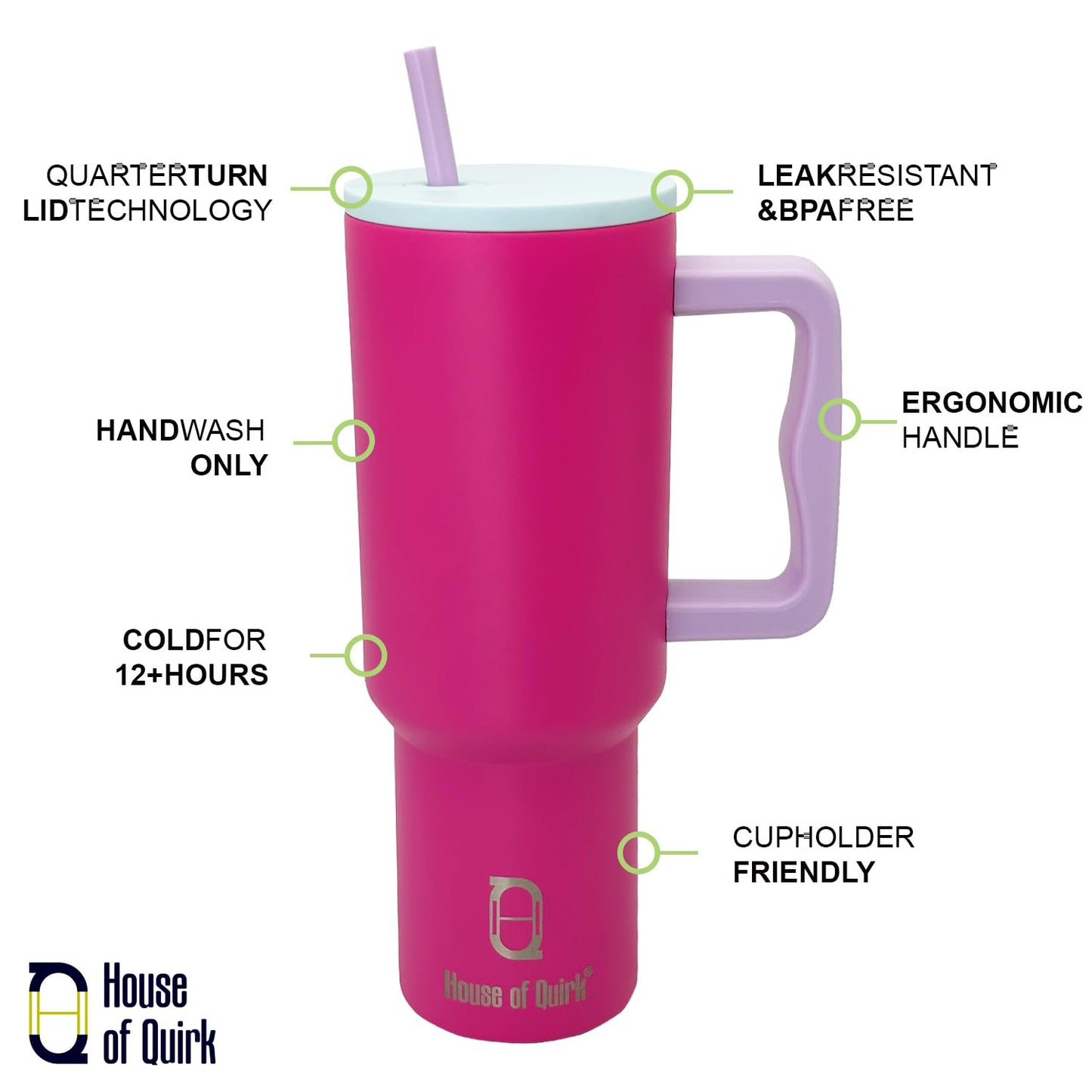 House of Quirk 1200ML Stainless Steel Tumbler Hot and Cold with Handle and Lid 2 Straw, Double Insulated Cup 100% Leak Proof Mug Cupholder for Gym, Travelling (Cotton Candy Haze)