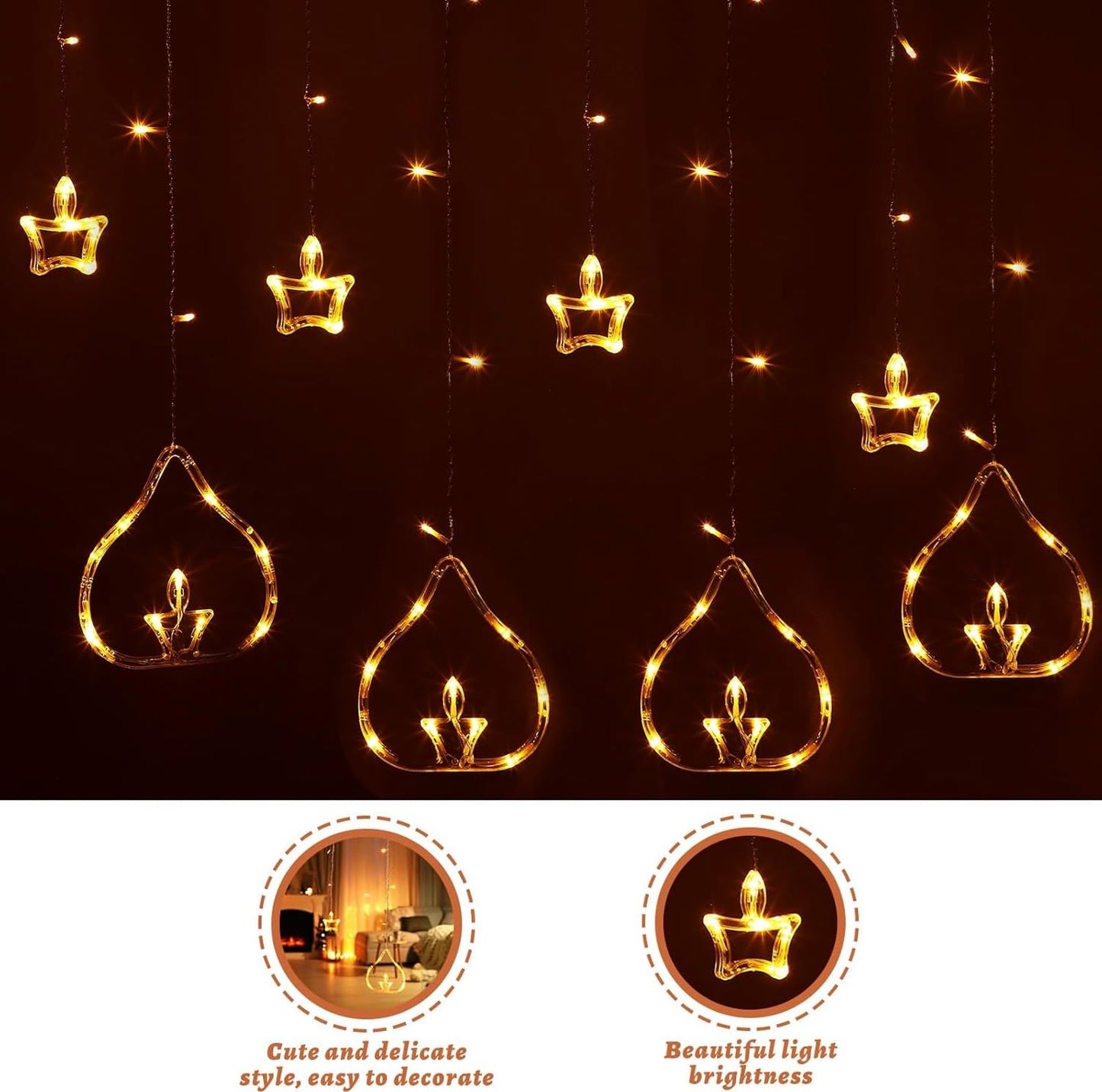 Desidiya Warm White Diya/Diwali Light Curtain, Led String Copper Lights with Pack of 12 Hanging Diyas, 8 Flashing Modes, Decoration, Prong Base, 2.5 Meters