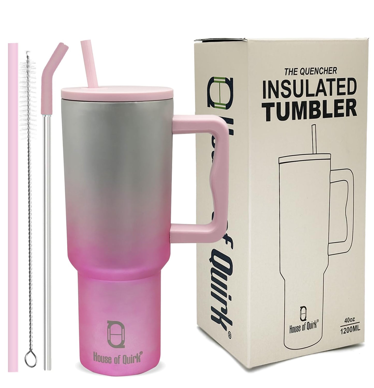 House of Quirk 1200ML Stainless Steel Tumbler Hot and Cold with Handle and Lid 2 Straw, Double Insulated Cup 100% Leak Proof Mug Cupholder for Gym, Travelling (Cotton Candy Haze)