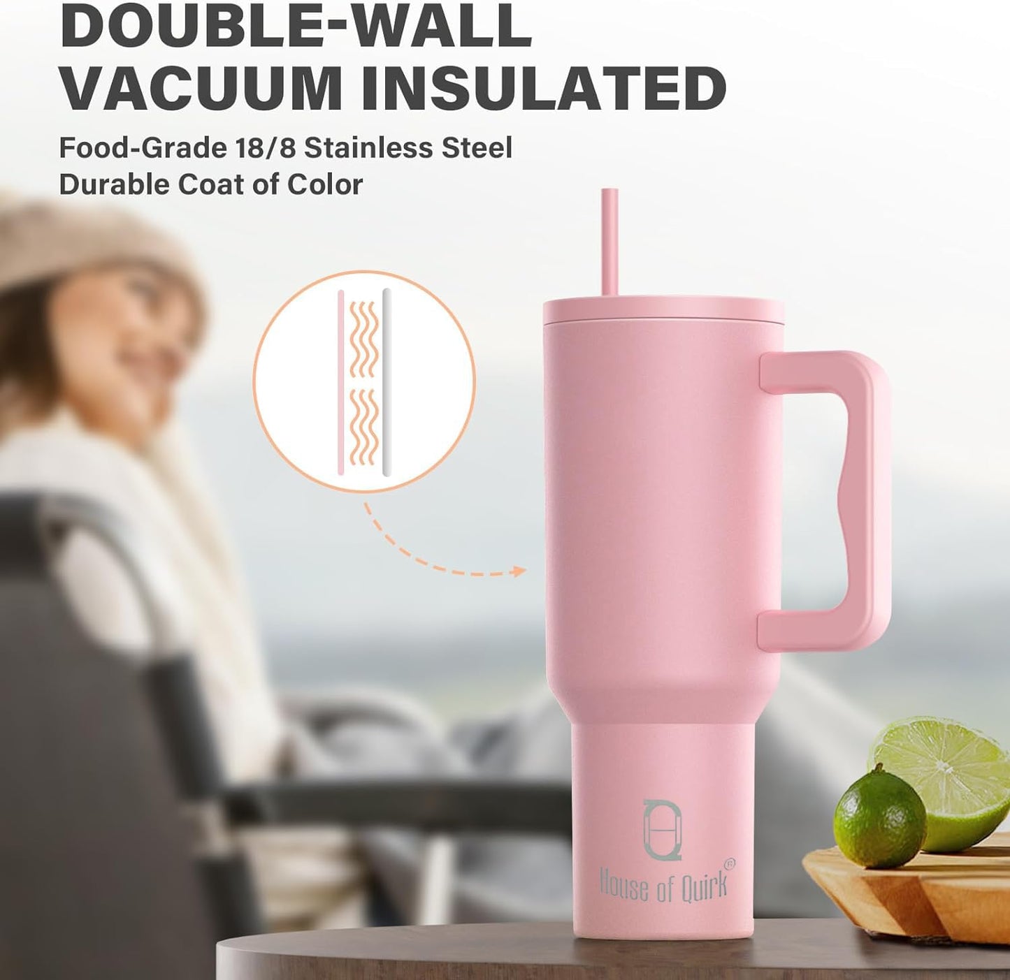 House of Quirk 1200ML Stainless Steel Tumbler Hot and Cold with Handle and Lid 2 Straw, Double Insulated Cup 100% Leak Proof Mug Cupholder for Gym, Travelling (Cotton Candy Haze)