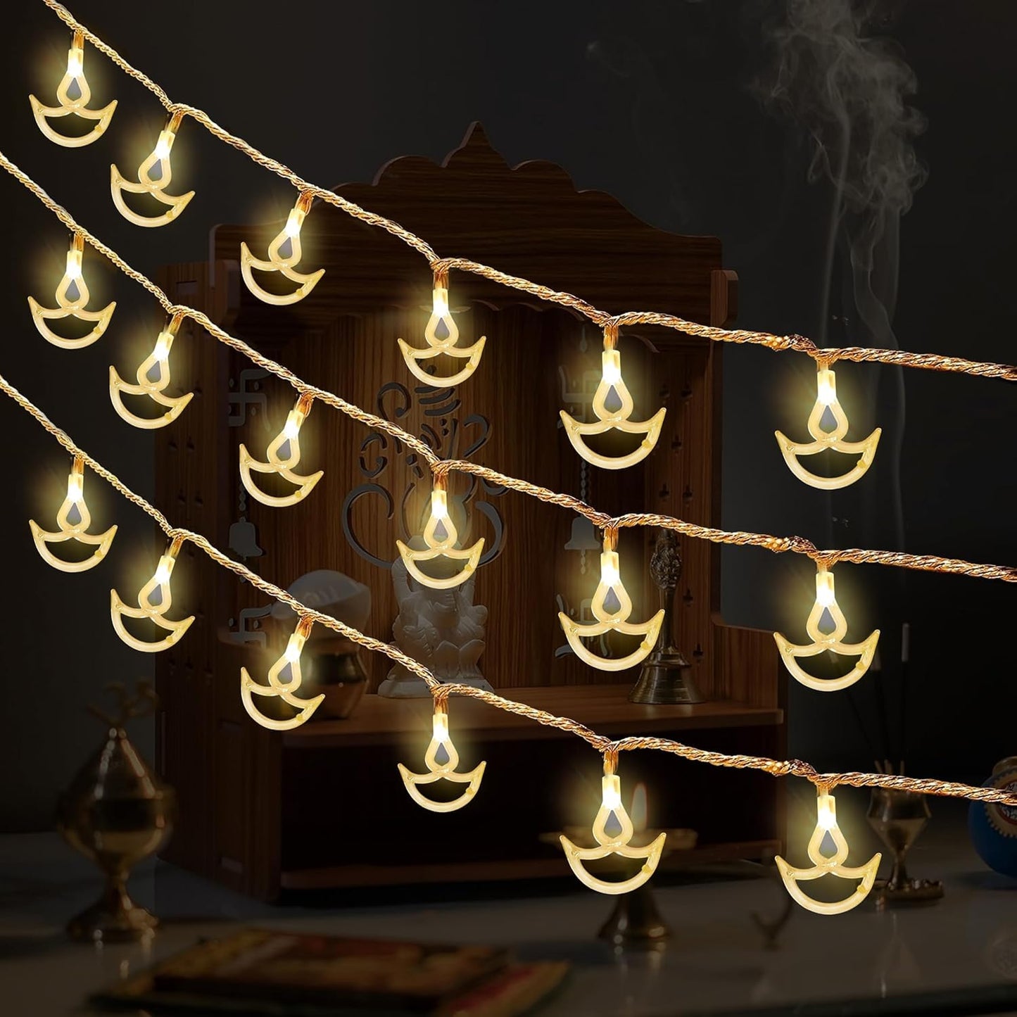 Desidiya Warm White Diya/Diwali Light Curtain, Led String Copper Lights with Pack of 12 Hanging Diyas, 8 Flashing Modes, Decoration, Prong Base, 2.5 Meters