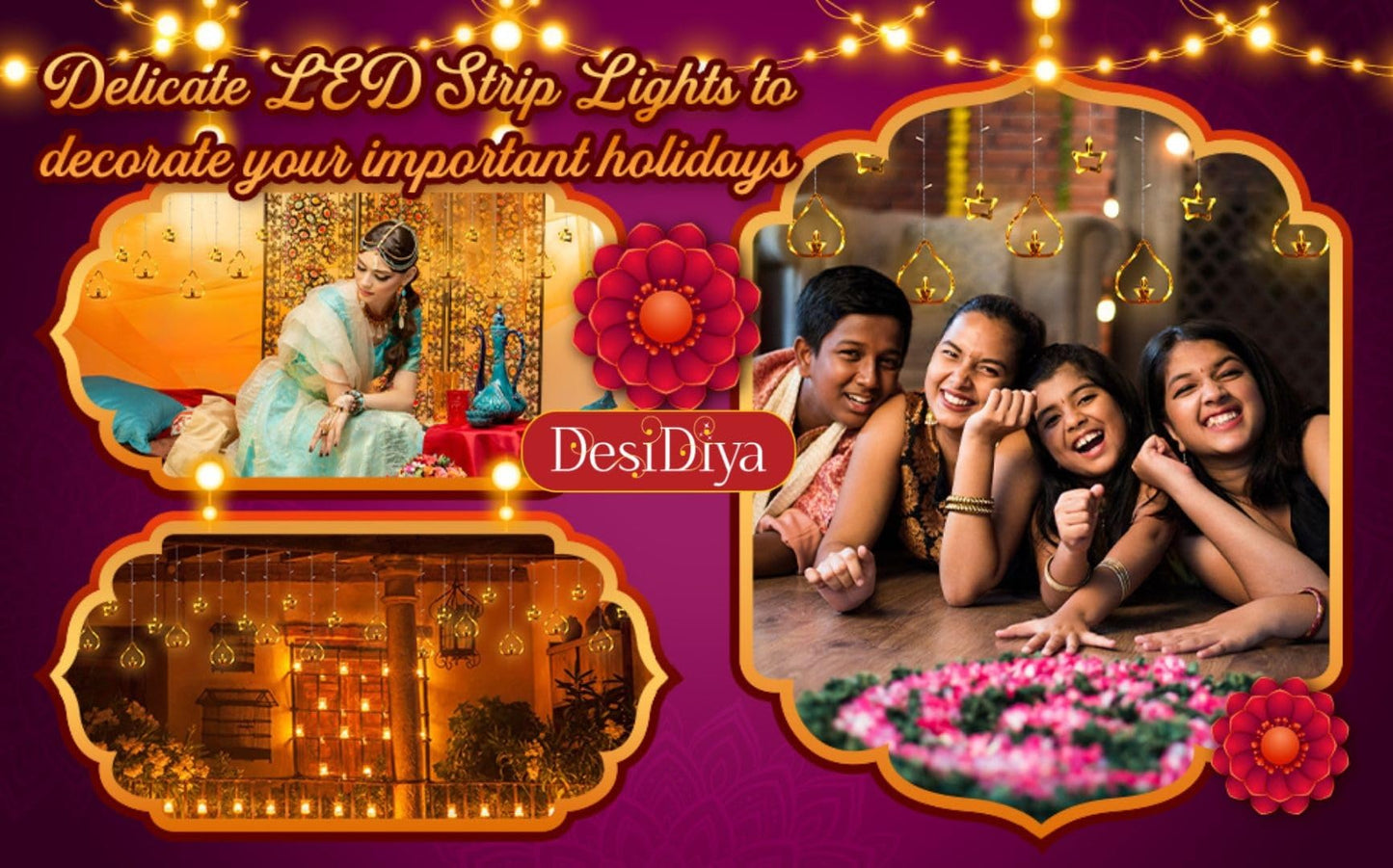 Desidiya Warm White Diya/Diwali Light Curtain, Led String Copper Lights with Pack of 12 Hanging Diyas, 8 Flashing Modes, Decoration, Prong Base, 2.5 Meters