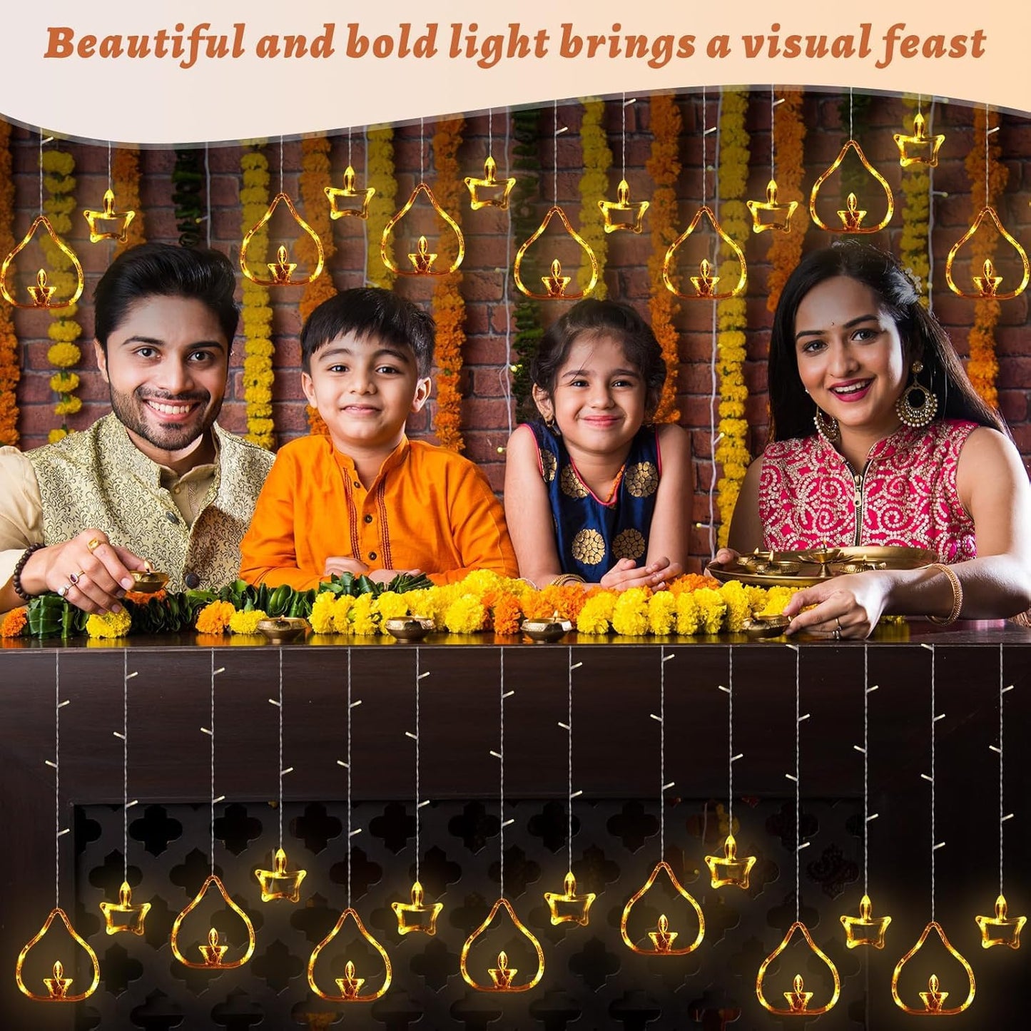 Desidiya Warm White Diya/Diwali Light Curtain, Led String Copper Lights with Pack of 12 Hanging Diyas, 8 Flashing Modes, Decoration, Prong Base, 2.5 Meters