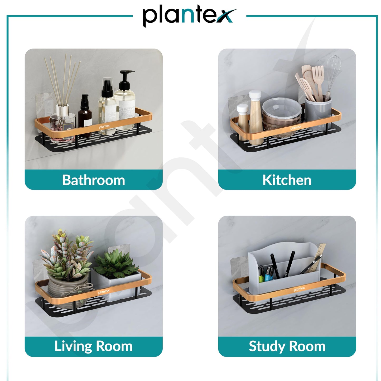 Plantex Self Adhesive Bathroom Shelf for Wall/Shelf Organizer/Kitchen Shelf with Magic Stickers - Pack of 1 (Black, Powder Coated)