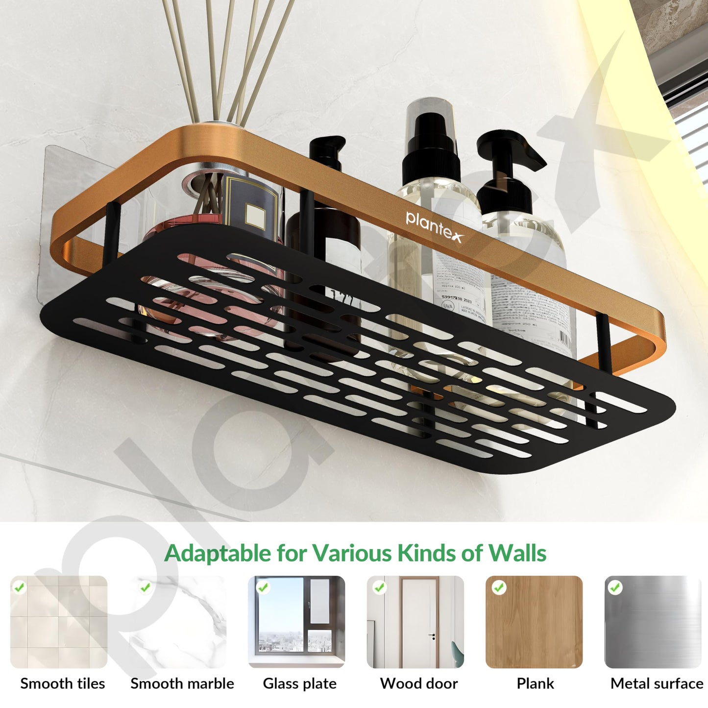 Plantex Self Adhesive Bathroom Shelf for Wall/Shelf Organizer/Kitchen Shelf with Magic Stickers - Pack of 1 (Black, Powder Coated)